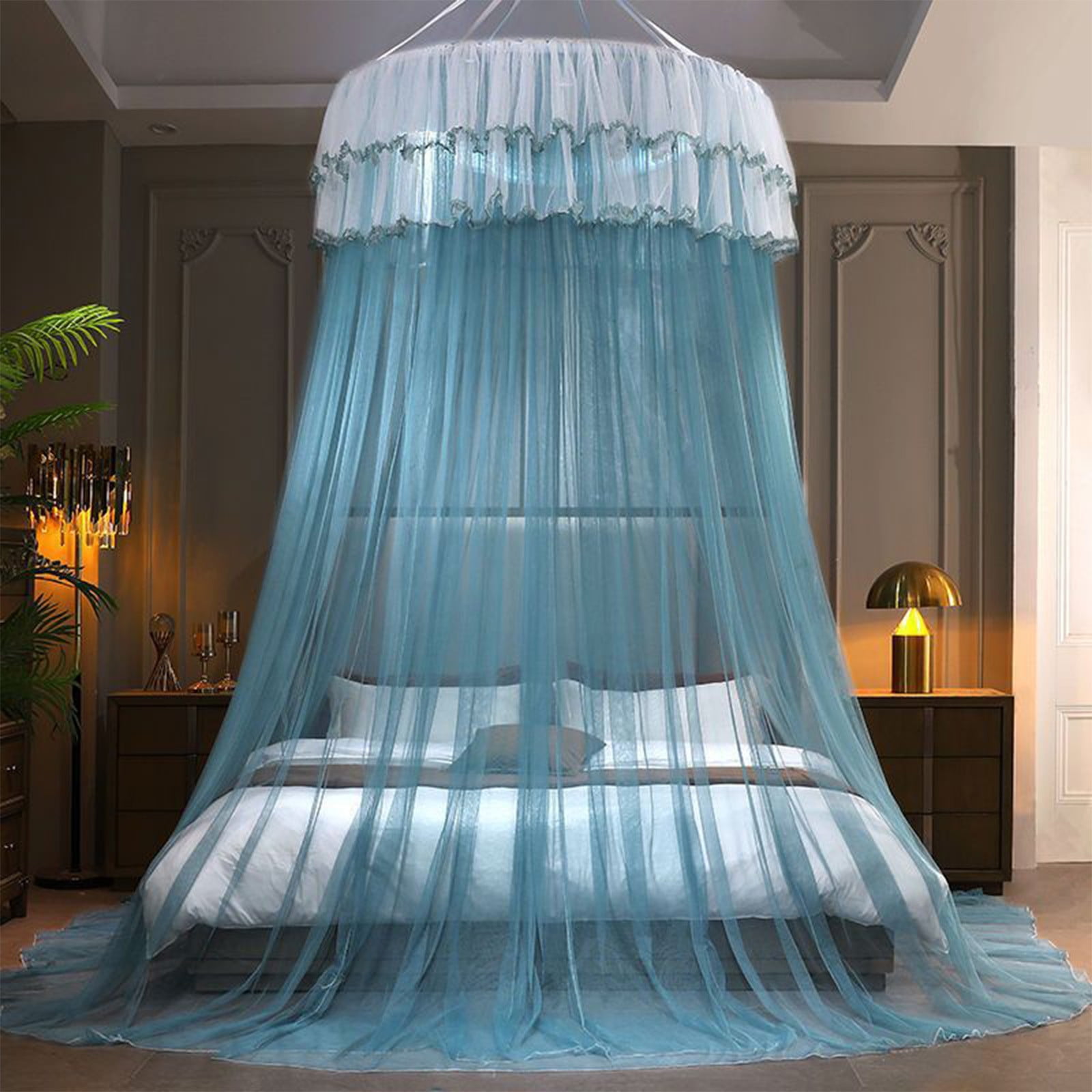 Princess-Style Bed Canopy with Mosquito Net, Ruffled Lace Ceiling-Mounted Dome, Foldable Polyester Fabric