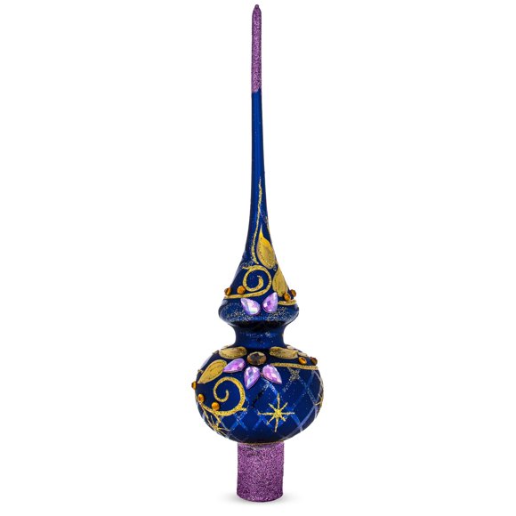 Adorno Para Árbol De Navidad De Vidrio Soplado Con Joyas Moradas Y Hojas Doradas En Boca Azul, 11 Pulgadas