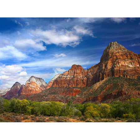 The Watchman outcropping near south entrance of Zion National Park cottonwoods in foreground Utah Poster Print by Tim (Best National Parks Near Montreal)