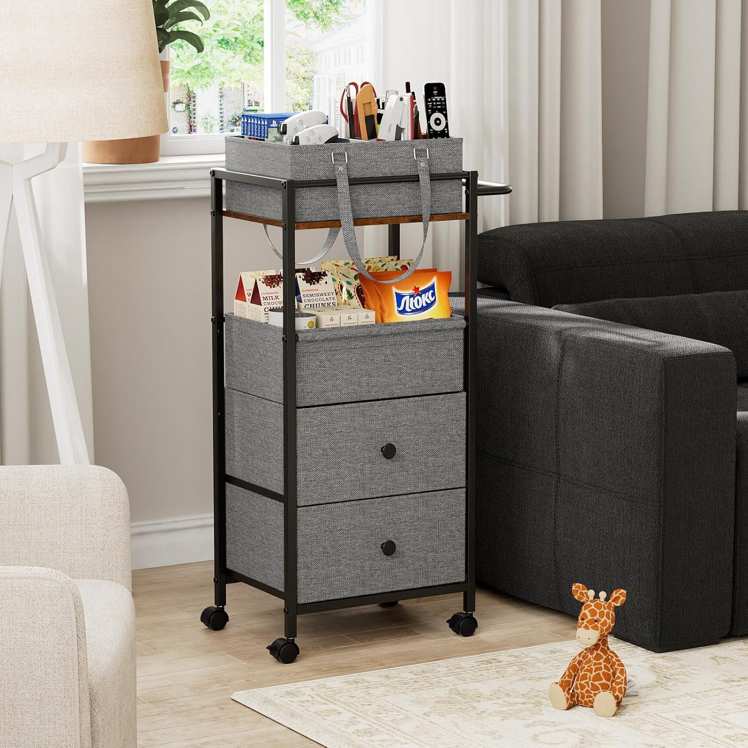 Diaper Caddy Organizer Cart with Drawers - 3In1 Rolling Storage Cart for Crib Bedroom Art &  (Black)