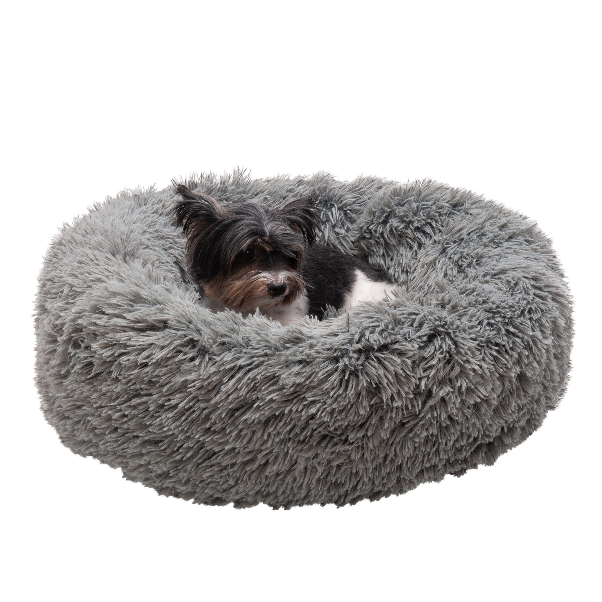 FurHaven Pet Dog Bed | Calming Cuddler Long Fur Donut Pet Bed for Dogs & Cats, Gray, Small