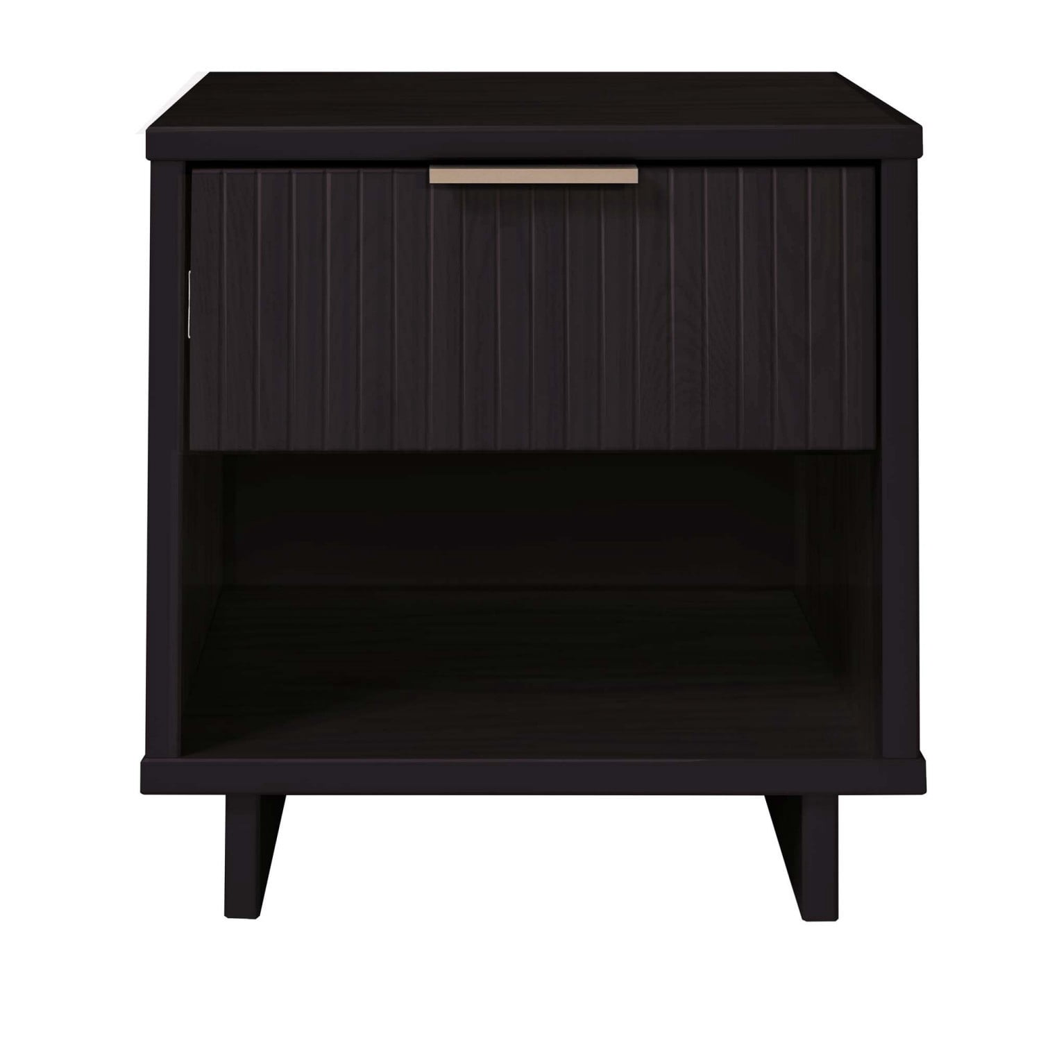 Black Nightstand, Modern Contemporary Bedside Table with 1 Drawer, Solid Wood Ribbed Drawer Front and Gold Handle, Glam Storage End Table for Bedroom Living Room