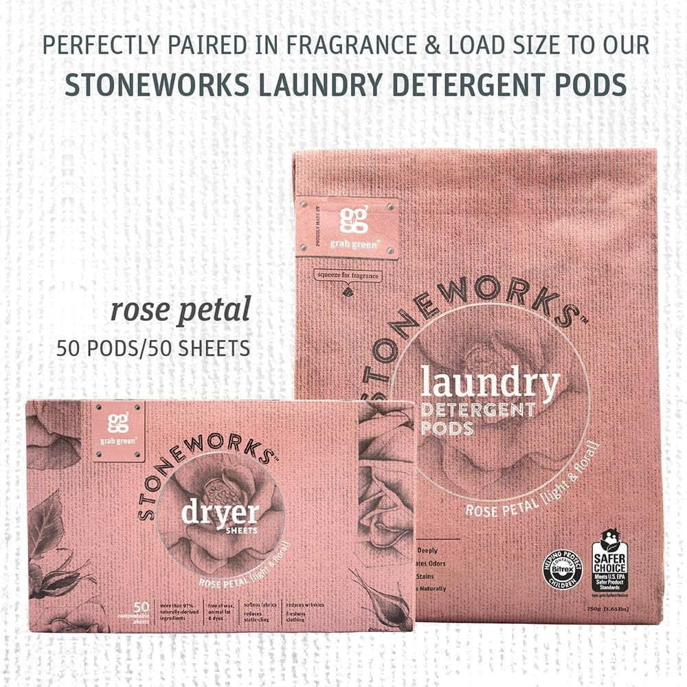 Grab Green Natural, Stoneworks Dryer Sheets, Rose Petal, 160 Sheets (2 pack)