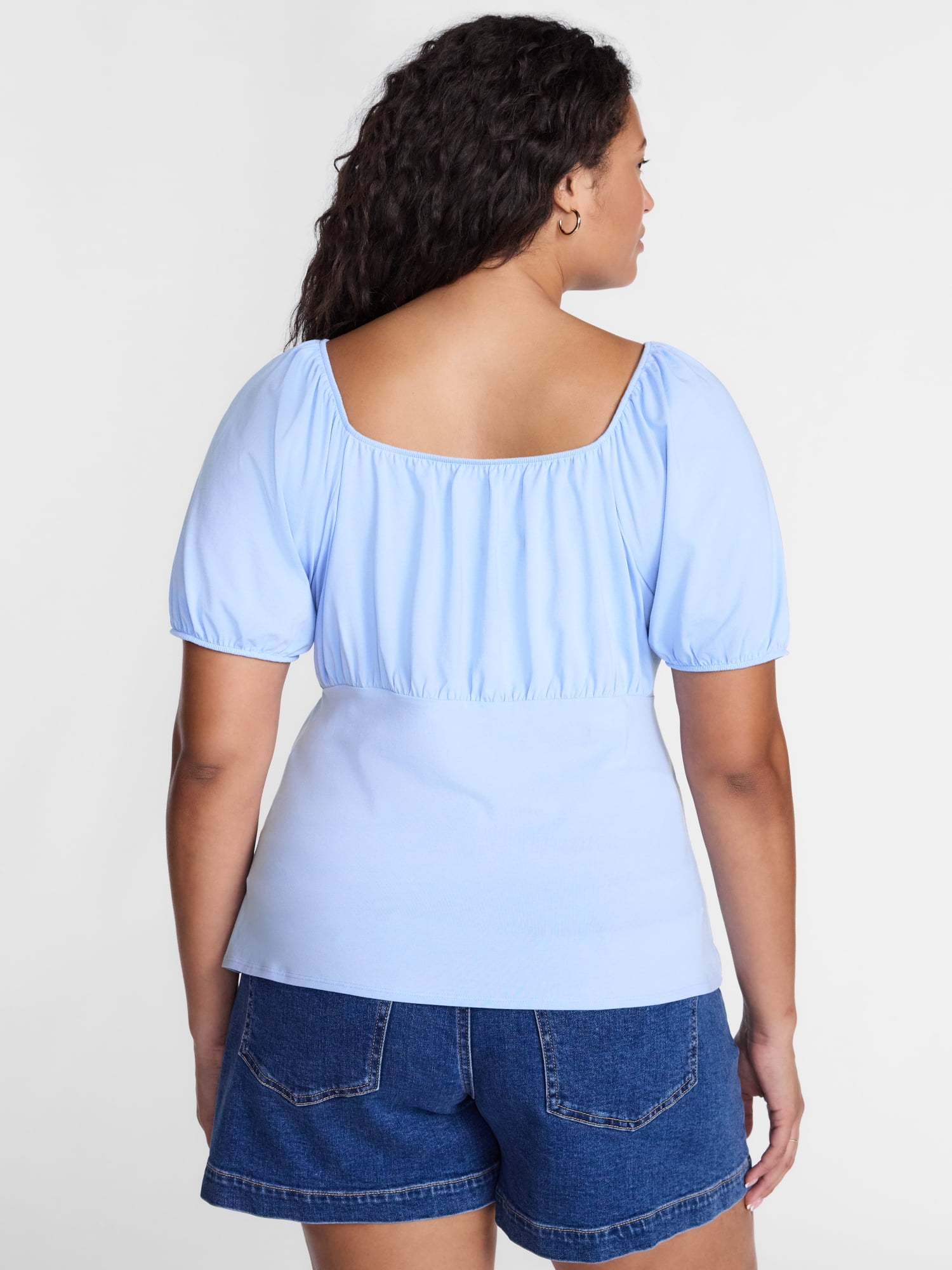 Terra & Sky Women's Plus Button Front Babydoll Top with Short Puff Sleeves, Sizes 0X-5X