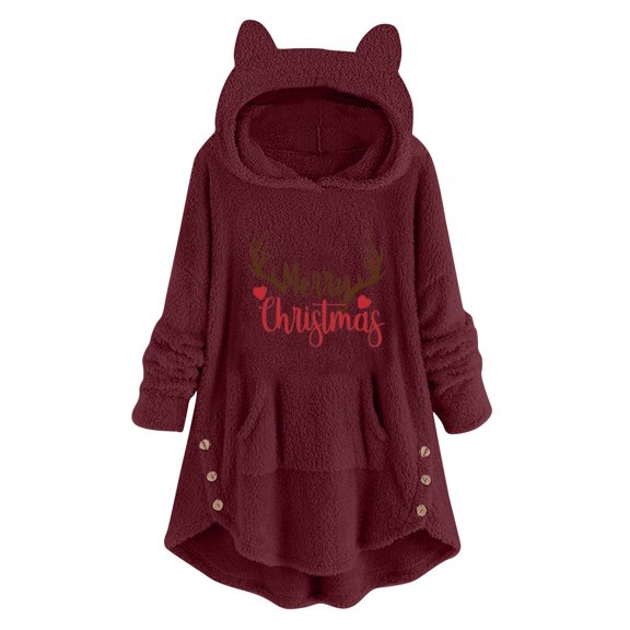 WREESH Womens Winter Warm Oversized Sweatshirts Cute Ear Fuzzy Fleece Hoodies Trendy Long Sleeve Printed Pullover Sided Button Tunic Tops Loungewear with Pocket Wine