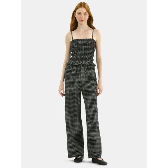 No Boundaries Plaid Seersucker Smocked Cami Top and Pants Set, 2-Piece, Women's