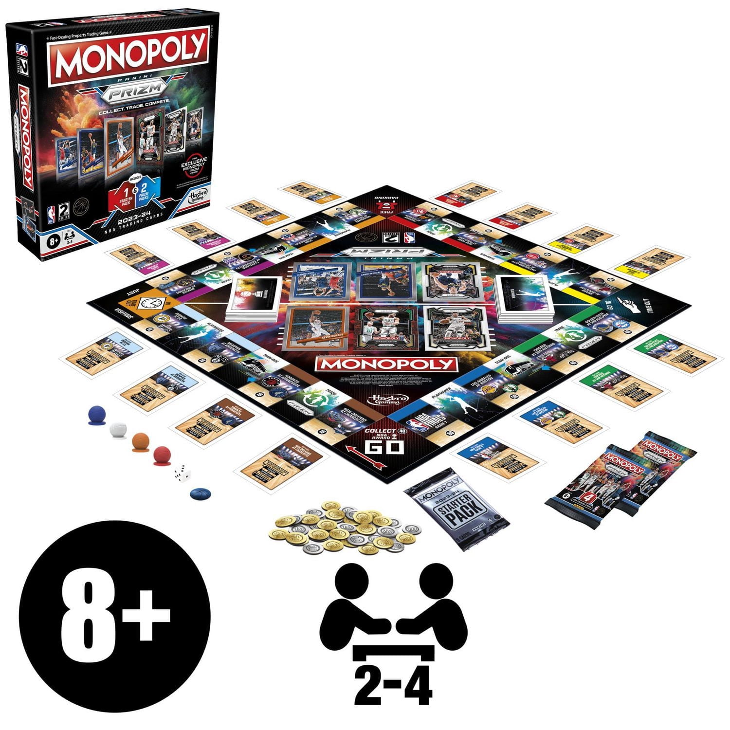 Monopoly Prizm : 2e édition NBA, jeu de plateau Monopoly avec cartes de collection Panini 2023-24 de la NBA