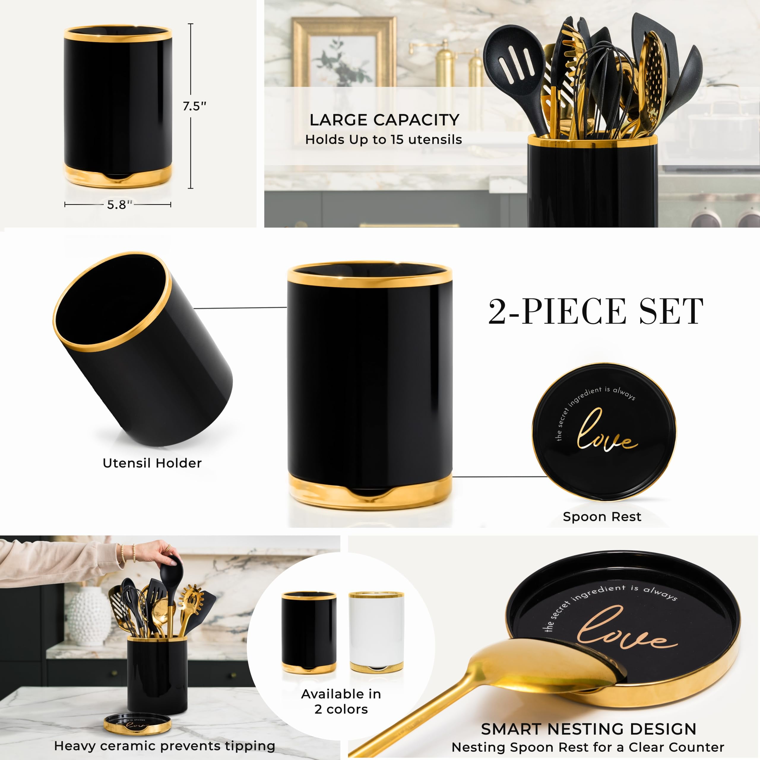 Styled Settings Black and Gold Cooking Utensils Set -13 PC Black and Gold Kitchen Utensils Set Includes Black Ceramic Utensil Holder with Stackable Black & Gold Spoon Rest - Gold Kitchen Accessories