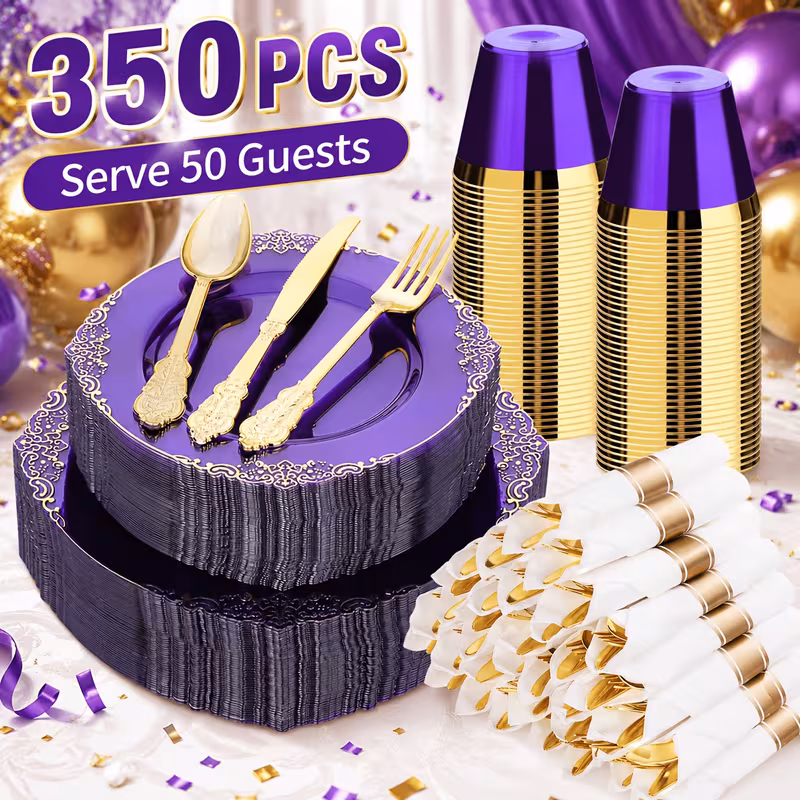 Goodluck 350 PCS Disposable Purple with Gold Rim Plastic Dinnerware Set for 50 Guests, Include: 100 Gold Rim Plastic Plates, 150 Silverwares, 50 Pre Rolled Napkins, 50 Cups for Party, Wedding