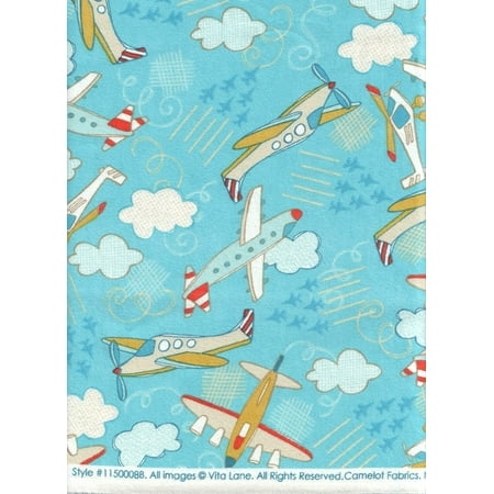 Tiger Moth Airplane (Camelot Fabrics ~ Wild Blue Yonder Airplanes Light Blue Flannel Quilt Fabric ~ HALF YARD!! ~ #1150008B ~ Children's Airplane & Helicopter Print 100% Cotton 45