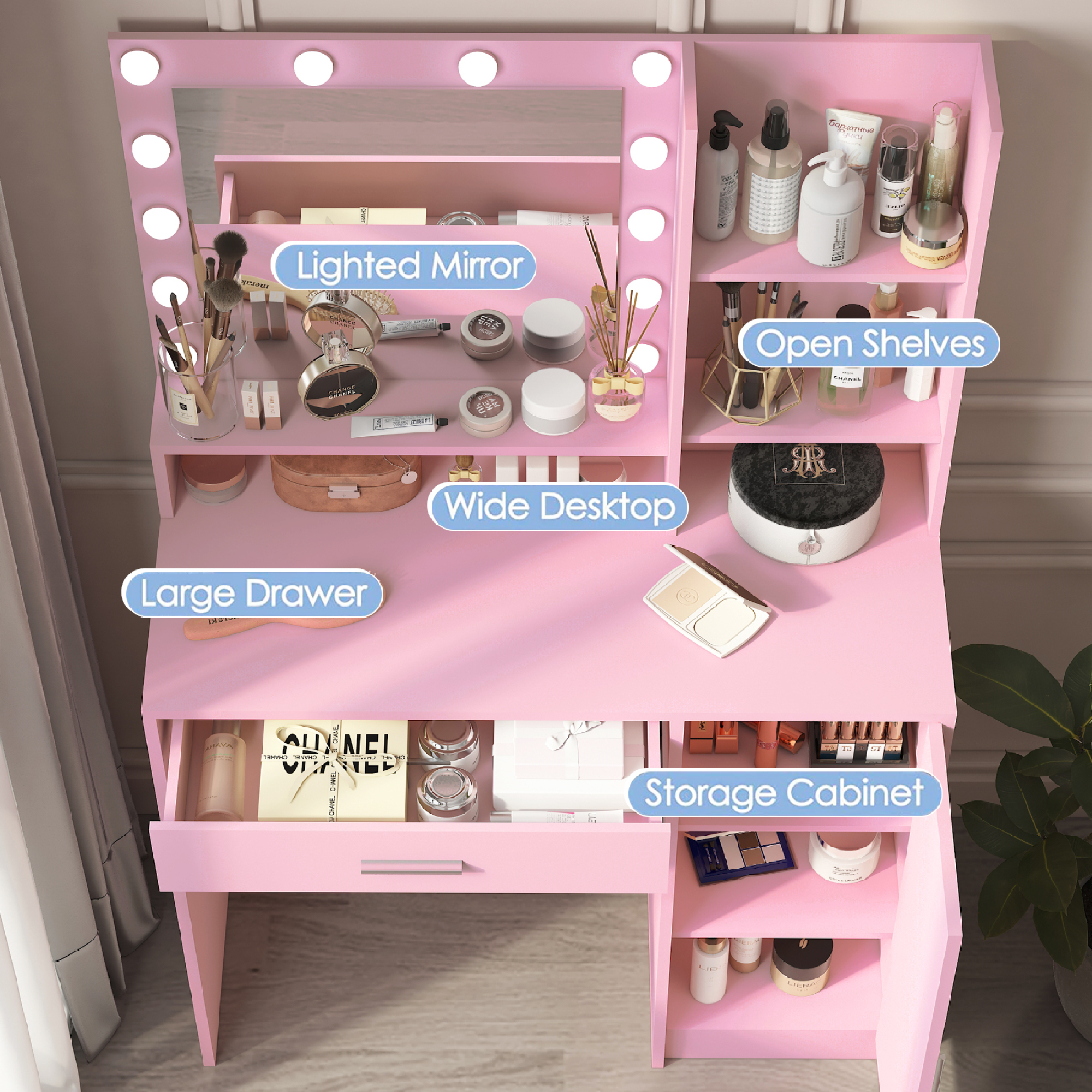 Makeup Vanity Desk with Mirror & Light,Large 3 Drawer Storage Dressing Table with 3 Color Lighting Modes for Bedroom,Pink