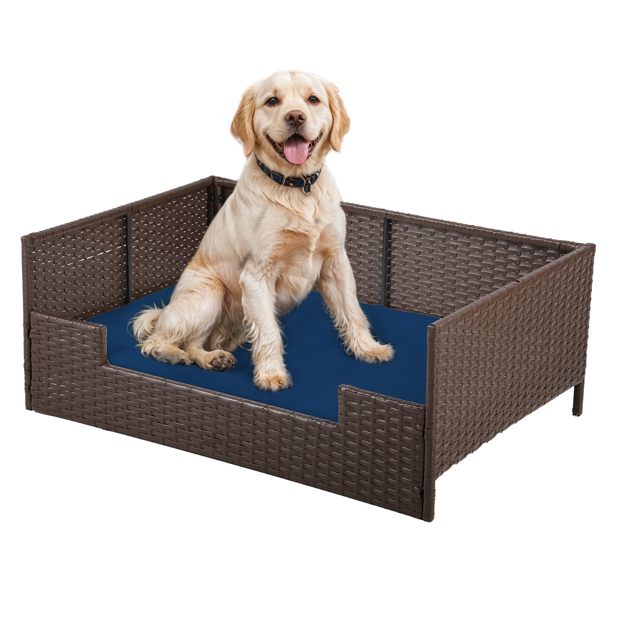 Uforic Rattan Dog Sofa Bed with Blue Cushion,Wicker Pet Bed Sofa Indoor Outdoor,All-weather Protection, Brown&Blue,24.8"L x 19.7"W x 9.8"H