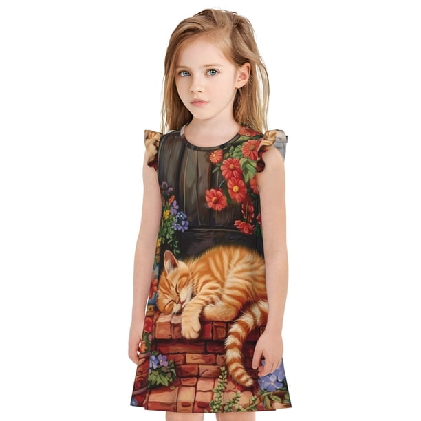 Balery Sleeping Cat Flowers Camisón de princesa para niñas, pijama de algodón con mangas abullonadas, suave y bonito.-Medium