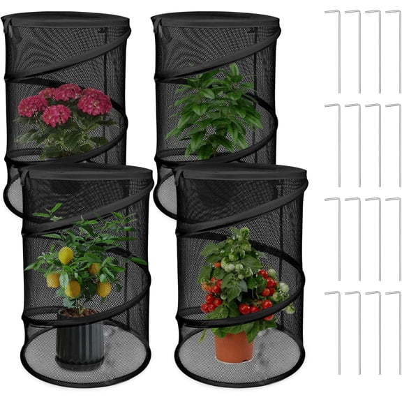 Garden Mesh Plant Cover, 4 Pack Pop Up Outdoor Plant Protector with Stakes, Garden Netting for Protecting Plant Vegetable Fruit from Birds Insects, 22.8" x 11.4" Foldable Plant Netting - Black