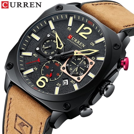 CURREN male Fashion Waterproof Multi-function Chronograph Leather Six Needle Quartz Watches