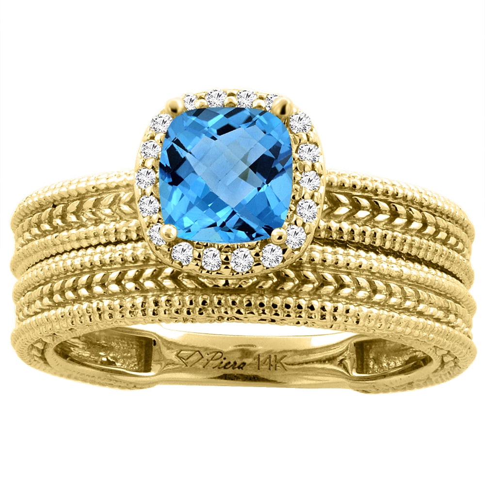 14K Yellow Gold Diamond Natural Swiss Blue Topaz 2-pc Engagement Ring Set Cushion 7x7 mm, size 5 by Gabriella Gold
