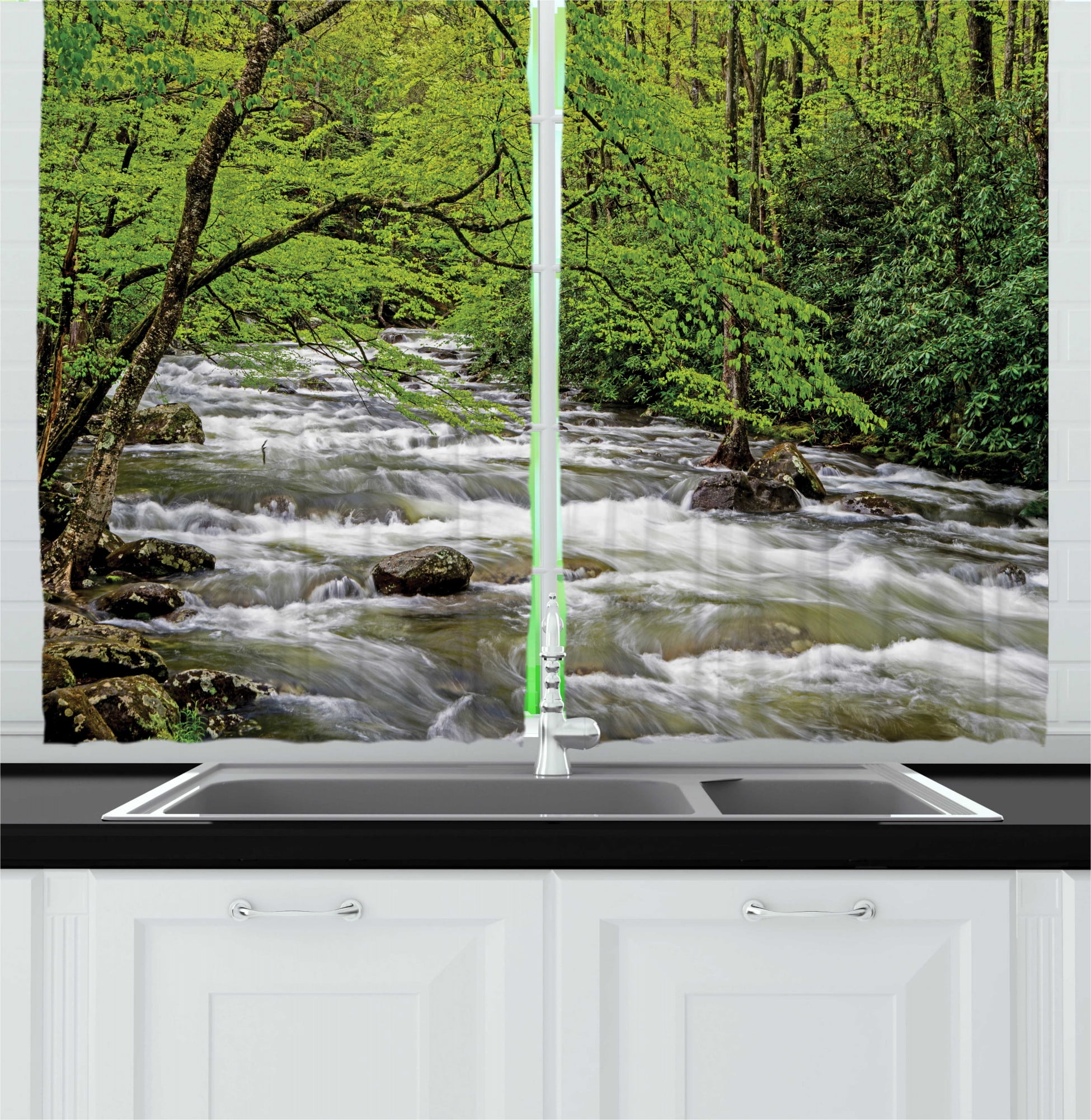 Appalachian Kitchen Curtains, Streaming Water Creek in Spring Forest