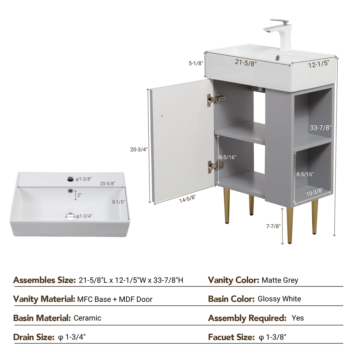 Demi Bonn 21" Bathroom Vanity with Ceramic Sink and Soft-Closing Door, Cloakroom Open Shelf Storage Cabinet on the Right Side, Faucets and Drains Not Included, Gray