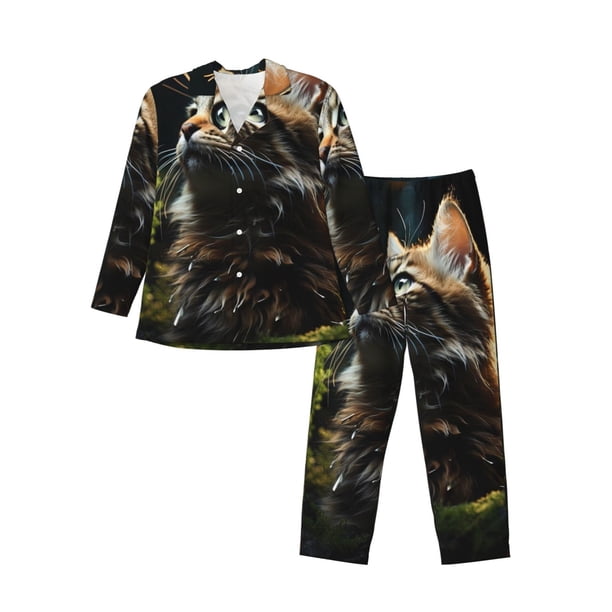 Balery Realistic Style Cute Cat Pijama para Hombre de Dos Piezas con Manga Larga, Conjunto de Dormir y Descanso Suave con Bolsillos-X-Large