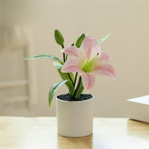 HmNPlay Artificial Lily Pink Flowers Small Fake Plants with Pot Realistic Faux Flowers for Desktop Bedroom Table Centerpiece Home Decor