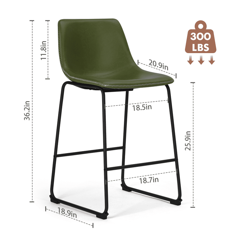 Gianna Counter Height Bar Stools Set of 2, Modern Faux Leather High Barstools with Back and Metal Leg, Bar Chairs for Kitchen Island, Green