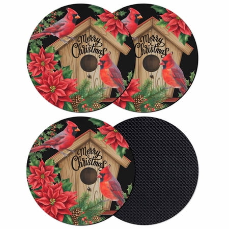 Christmas Poinsettia Coasters Set of 4 Absorbent Coasters for Drinks Winter Cardinal Bird Pine Cone Needle Coaster for Desk Coffee Table Protection Home Decor House Warming Gifts 4