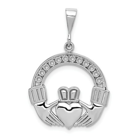 Claddagh White Pendant - 14k White Gold Polished & Satin Claddagh Pendant, 21mm (13/16 inch)