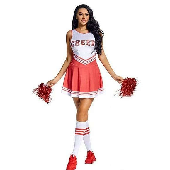 NEW Cheerleader High School Costume Competition Dance Uniform Pompoms Sock Cosplay Fancy Party Dress Carnival Halloween