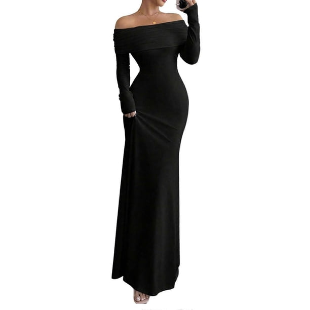 Women's Long Sleeve Off The Shoulder Bodycon Dress Elegant Maxi Dress Cocktail Prom Dresses White XXL