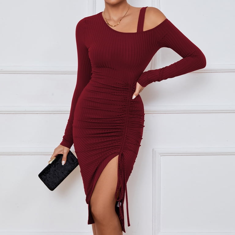 SWSMCLT Women's Long Sleeve High Split Bodycon Dress Sexy Drawstring Ruched  Cold Shoulder Mini Dresses Burgundy Small - Walmart.com