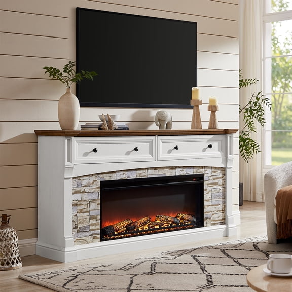 KeyWhat 70" Fireplace TV Stand with Mantel, 42" Electric Fireplace for TVs Up to 80"