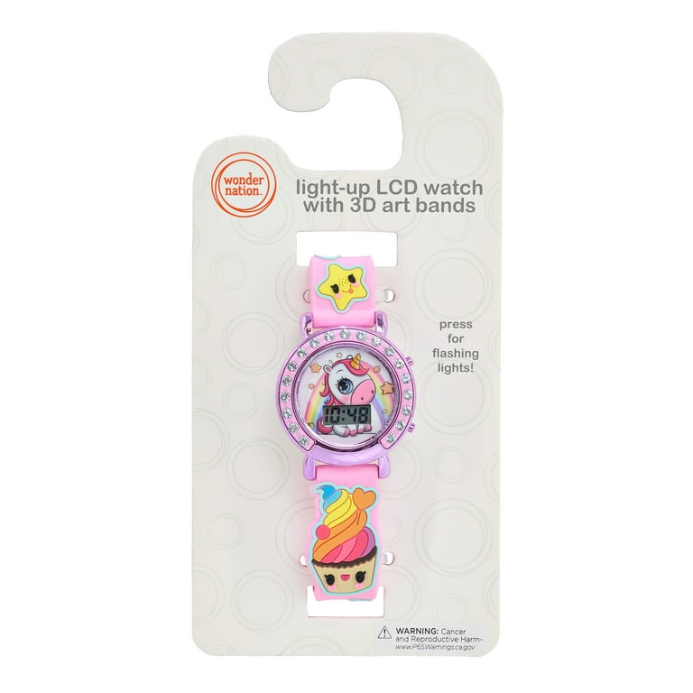Wonder Nation Girls Round LCD Dial Childrens Unicorn Digital Watch Pink Multi Color Silicone Strap Girl s Size Small