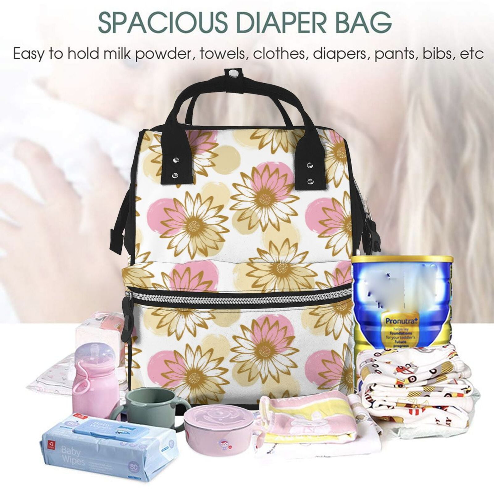 Fuzoiu Sunflowers Print Diaper Bag Backpack,Baby Essentials Travel Tote,Multi function Waterproof Diaper Bag, Travel Essentials Baby Bag - Unisex