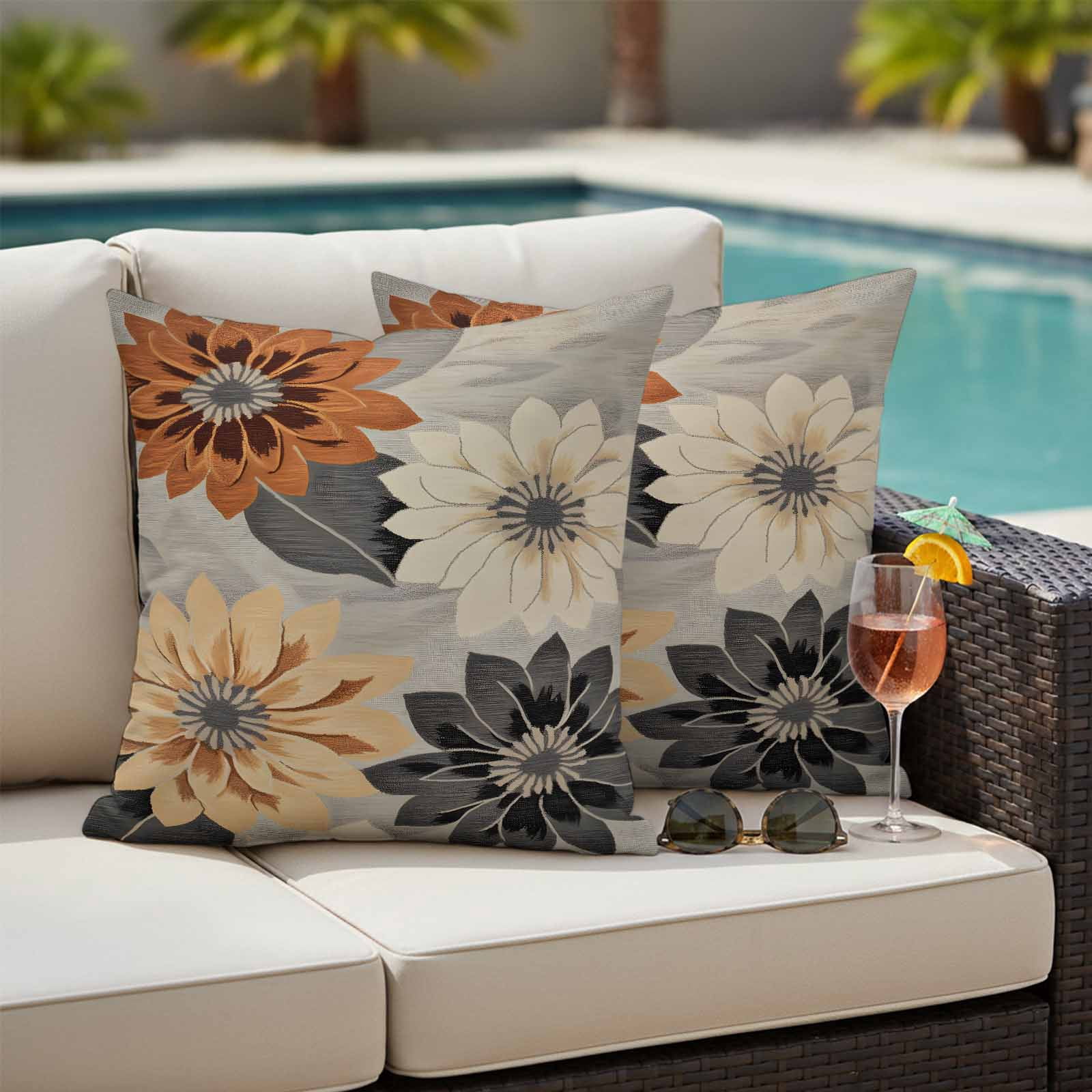Burnt Orange Grey Black Flower Outdoor Waterproof Pillow Covers, Spring Floral Botanical Decorative Square Throw Pillowcase Sofa Cushion Sham for Patio/Couch/Chair, 16"x16" 2 Pack