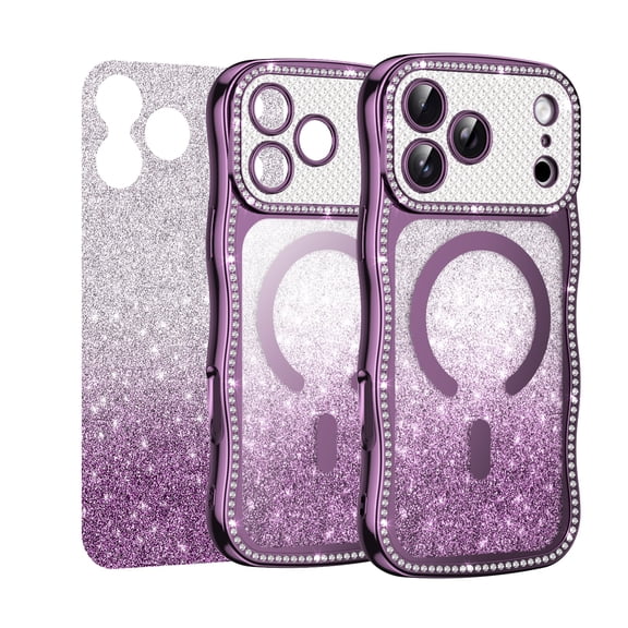 Sanwo for iPhone 18 Pro Case, Magnetic Glitter Rhinestone Case, Shockproof PC TPU Cover with Full Camera Protection, Purple