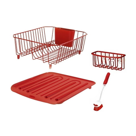 Rubbermaid Antimicrobial Sink Dish Rack Drainer Set, Red, 4-Piece (Best Dish Rack And Drainboard)