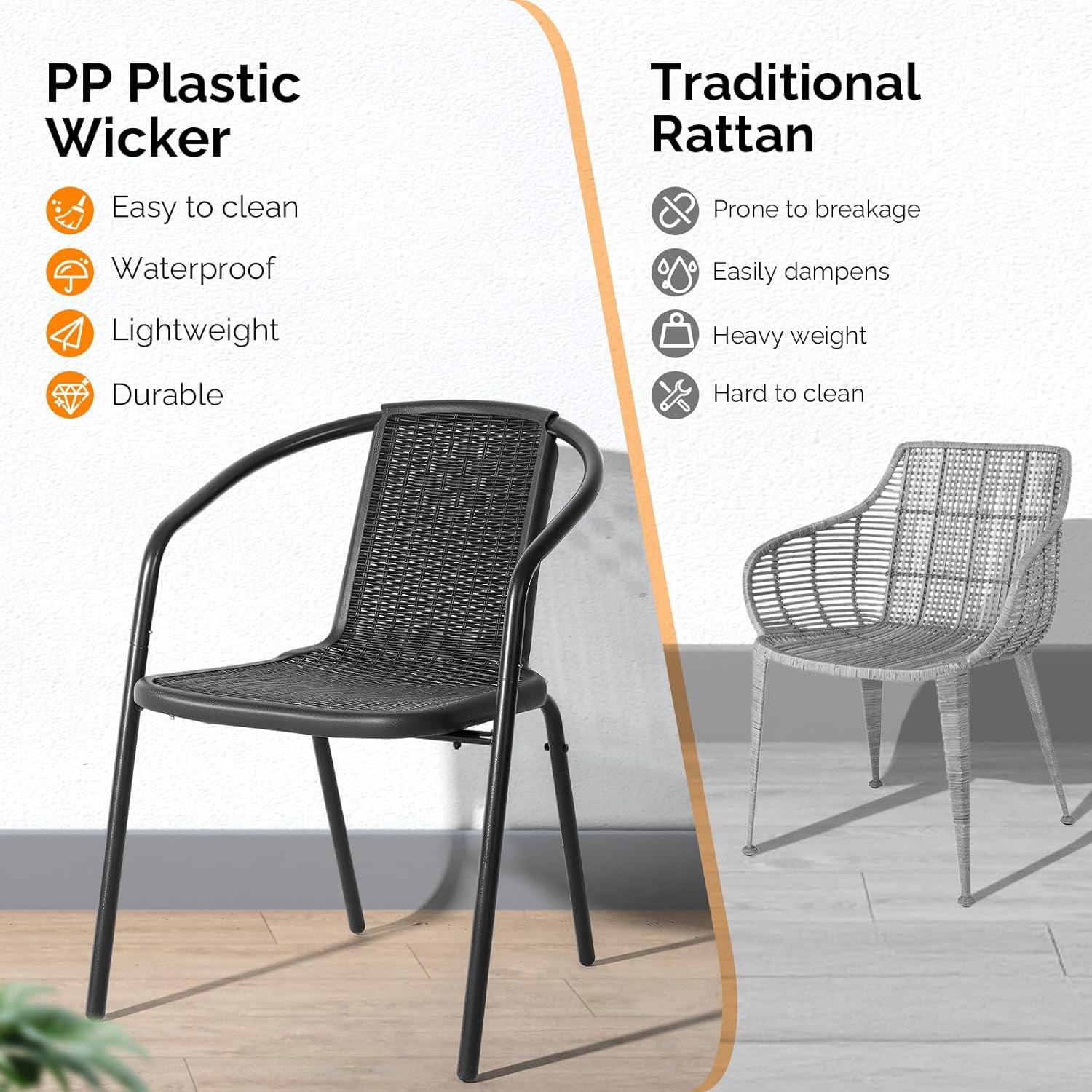 PEXMOR PE Rattan Outdoor Dining Chairs Set of 4, Plastic Stackable Patio Chairs for Garden, Porch & Indoor Use