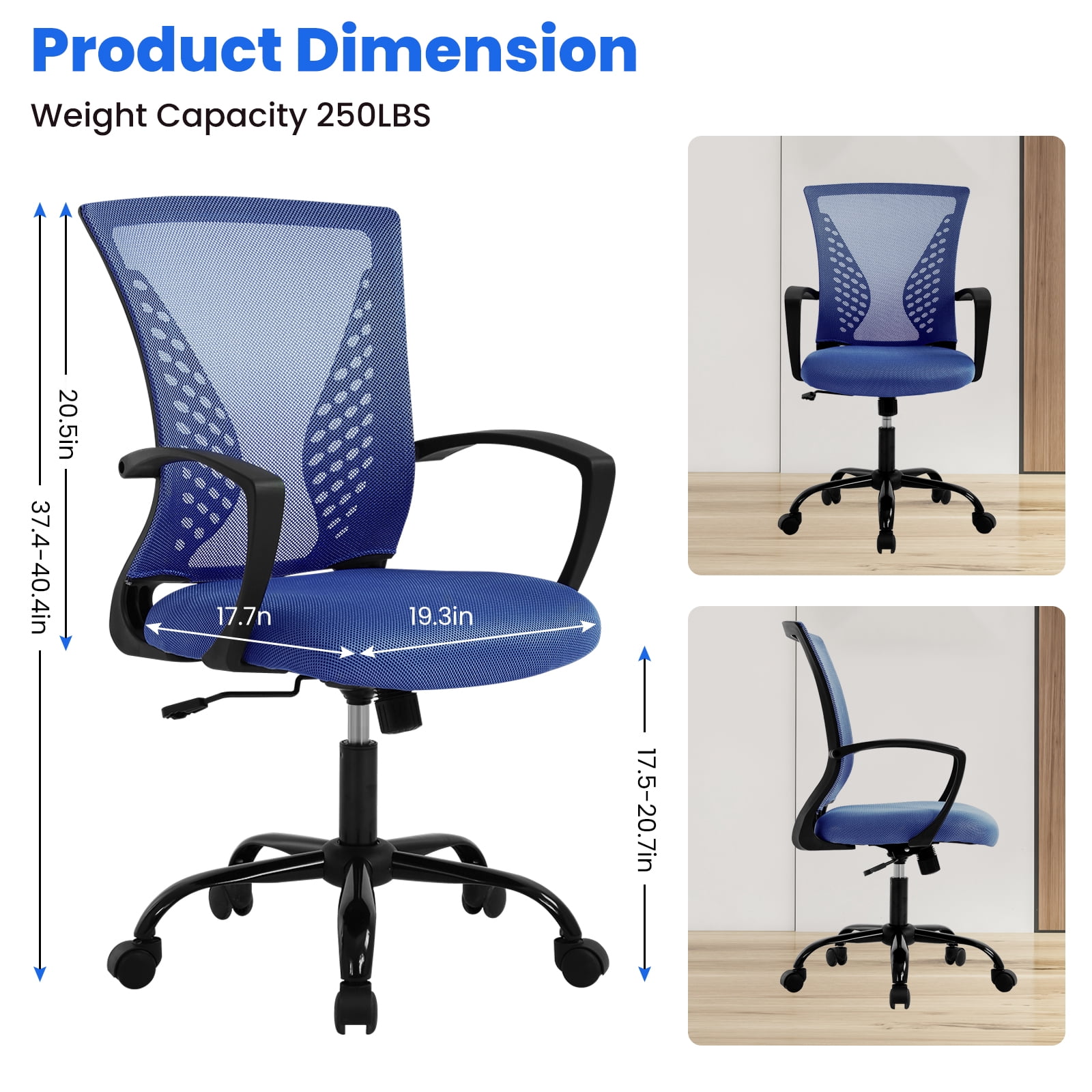 Dkelincs Office Desk Chair Adjustable Mesh Mid Back Office Chair Ergonomic Computer Chair with Lumbar Support & Wheels, Blue