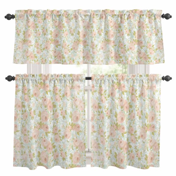 Spring Florals Kitchen Curtains and Valances Set, Retro Pink Green Floral Texture 3 Piece Curtains Valances and Tiers Set Rod Pocket for Kitchen Bathroom Windows 24 Inch