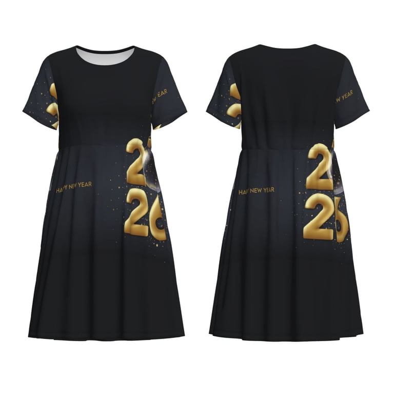 Defioc Happy New Year 2026 Pattern Womens Summer Dresses Short Sleeve  Sundress 2025 Beach Vacation Dresses with Pockets -Large - Walmart.com