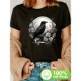 thumbnail image 1 of Crow Roses Print T-Shirt, Casual Short Sleeve Crew Neck Top, Material, Slight Stretch, Floral Pattern, Regular Length, All Season, Knit Fabric, 220g/㎡, 1 of 6