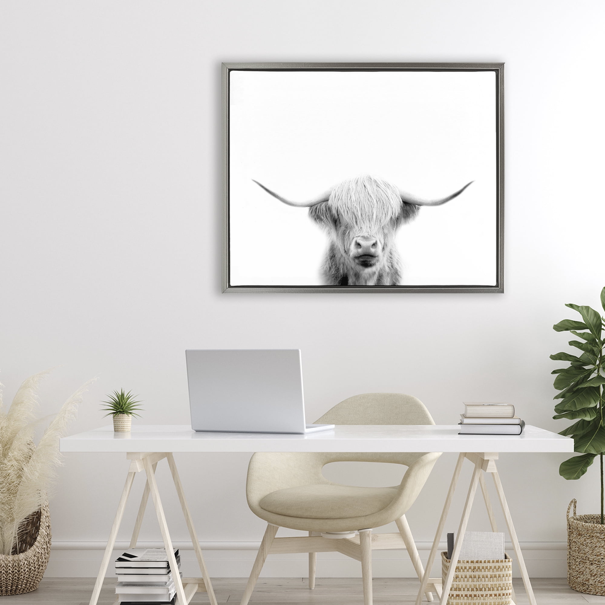Stupell Industries Scottish Cow Portrait Gray Framed Floater Canvas Wall Art, design by Leah Straatsma