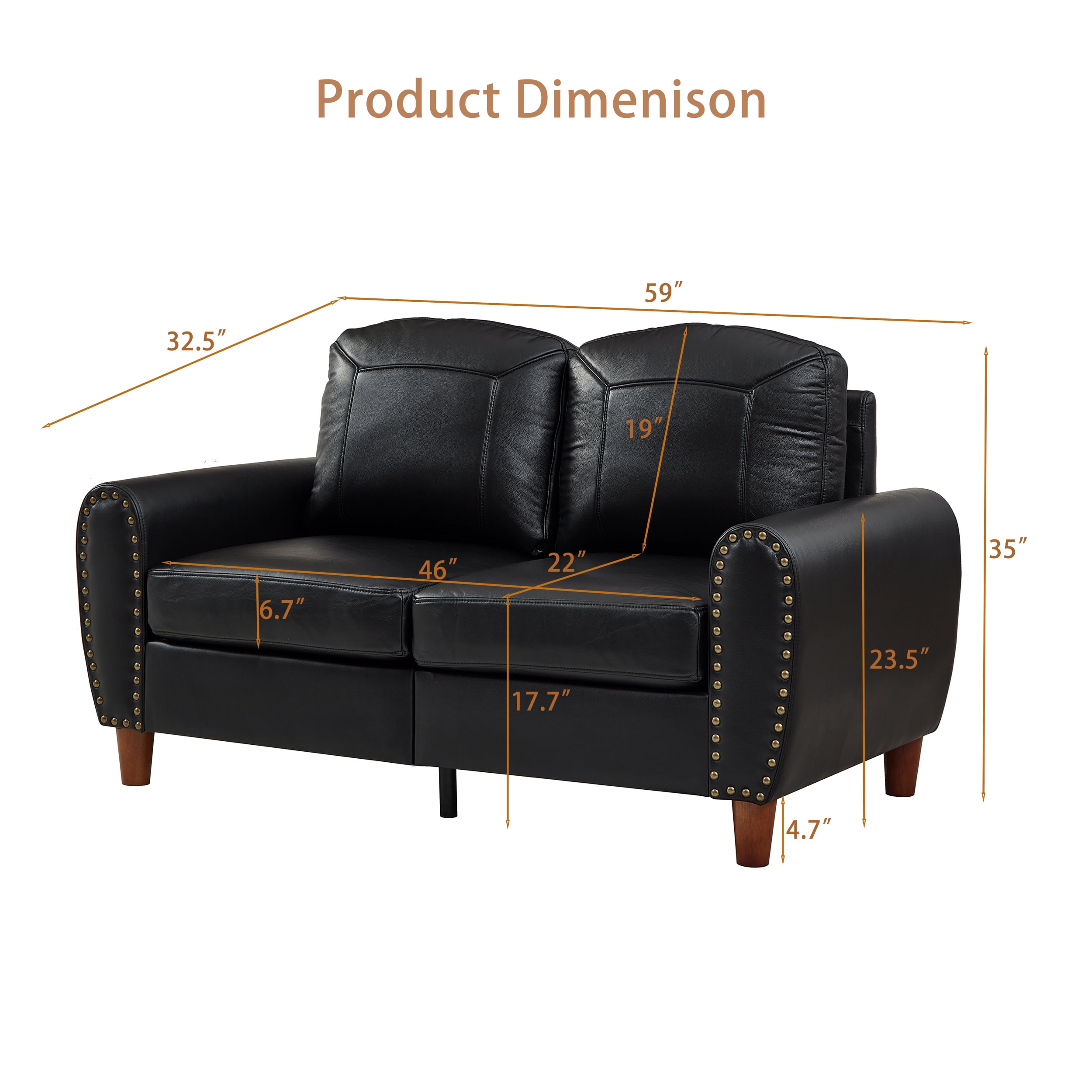 Mid-Century Modern Faux Leather Loveseat Sofa,59"W Classic Rolled Arm 2-Seater Sofa Couch with Brass Nailhead Trim & Solid Wood Legs,Apartment,Living Room Furniture,Black