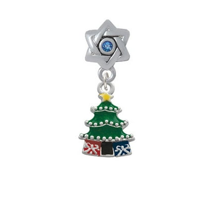 Christmas Tree Star Charm - Enamel Christmas Tree - Star of David with Blue Crystal Charm Bead