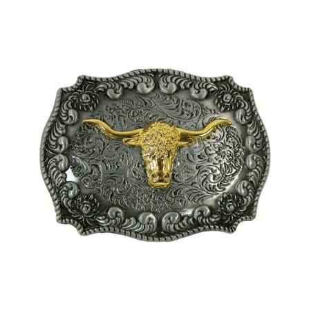 Size one size Longhorn Western Belt Buckle, Gold on Silver