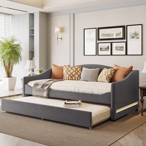 Twin Size Upholstered Daybed in Gray - Features Light Stripes and a Space-saving Trundle