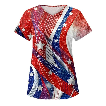 

4th Of July American Flag Tops Scrubs For Women Tops Plus Size Summer Printed Care V Neck Shirts With Pocket Women s Working Uniform Nursing
