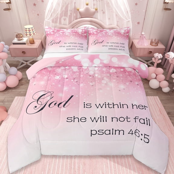 Manfei Glitter Print Bedding Comforter Set,Romantic Theme Twin Comforter Sets,Pink White Ombre Bedding Set For Girls,Microfiber Bedroom Decor Reversible,2 Pieces