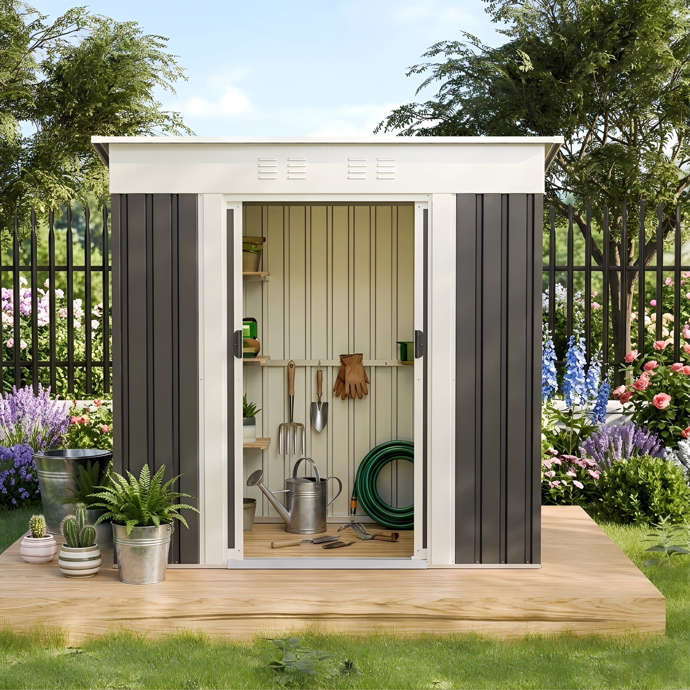 Noble House 6x4 FT Metal Garden Storage Shed, Sloped Roof Outdoor Tool & Bike Organizer House, Dark Grey