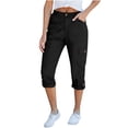thumbnail image 2 of Women's Cargo Capri Pants High Waisted Relaxed Fit Casual Summer Cropped Trousers Elastic Knit Loose Cuffed Hem Black, 2 of 7